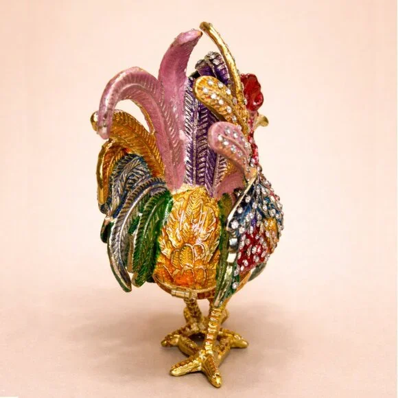 Jeweled Rooster Hinged Trinket Box NIB Enamel Rhinestone Tchotchke Décor 🐓
